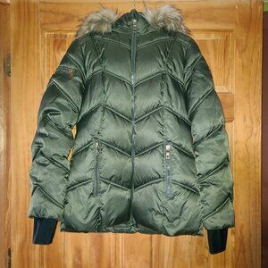 Nautica Faux-Fur Trim Hood Chevron Quilt Pattern Green Jacket